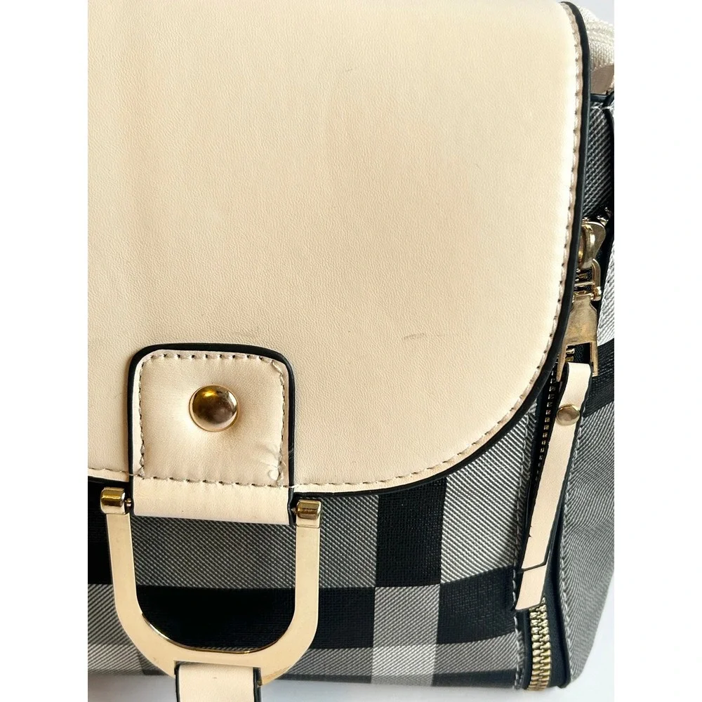 Black White Plaid Backpack Crossbody Bag Set 4 Piece Faux Leather Cream Trim